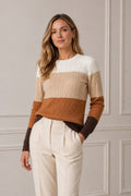Pull kaki colorblock à maille torsadée et col rond, manches longues