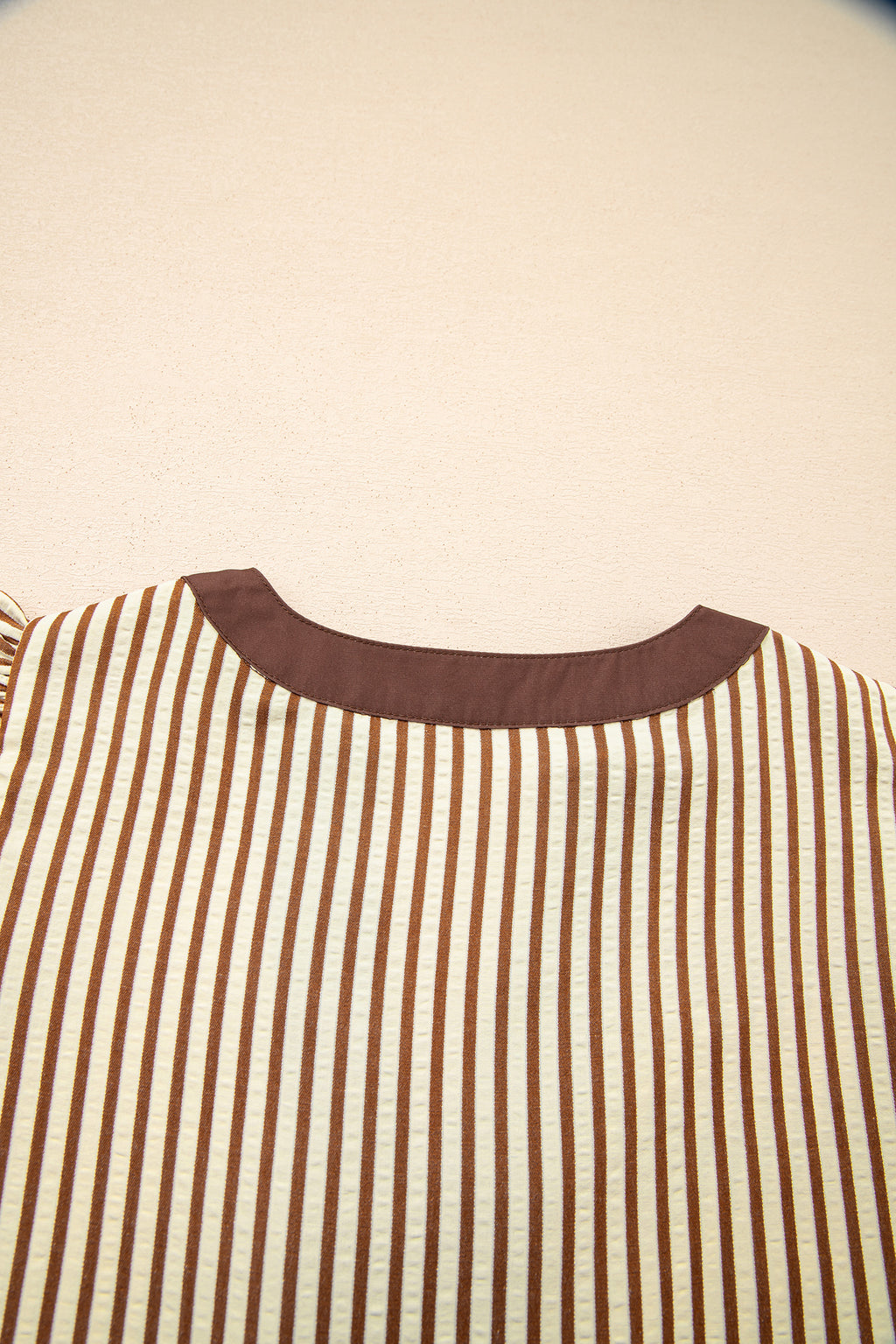 Robe midi à rayures brunes, col en V et manches courtes à volants
