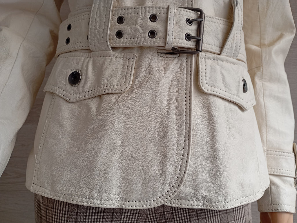Veste Saharienne en Cuir Véritable Gipsy Mauritius – Coupe Cintrée Écru – Taille M