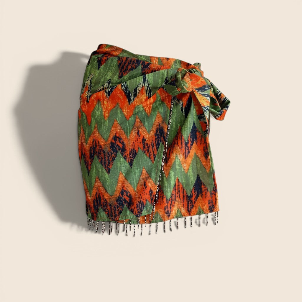 Mini-jupe portefeuille Micas - S - vert/orange avec perles - neuve