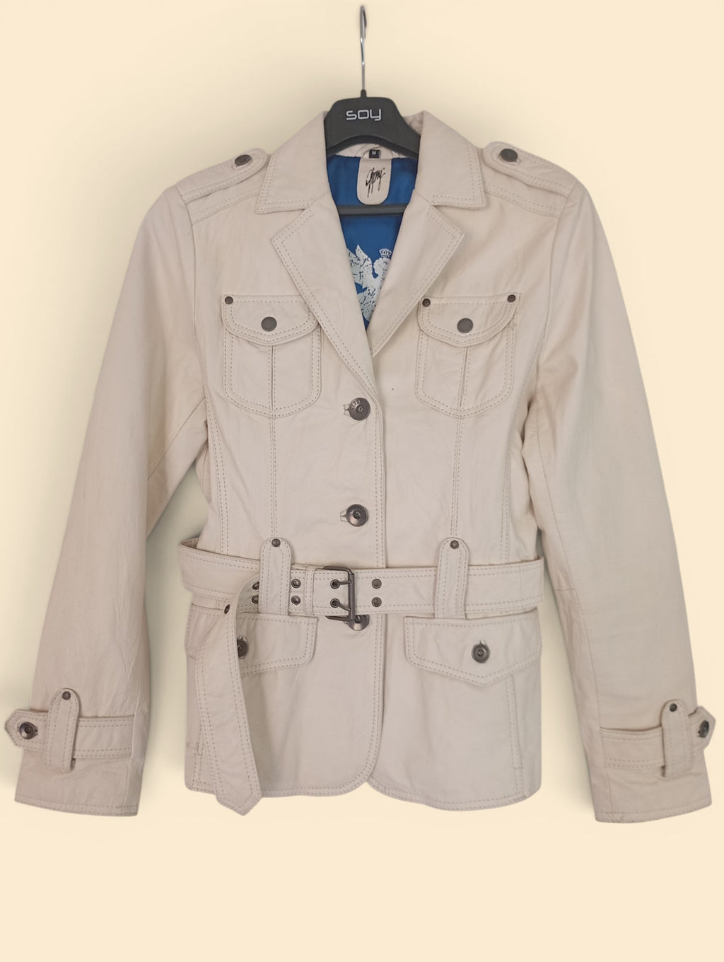 Veste Saharienne en Cuir Véritable Gipsy Mauritius – Coupe Cintrée Écru – Taille M
