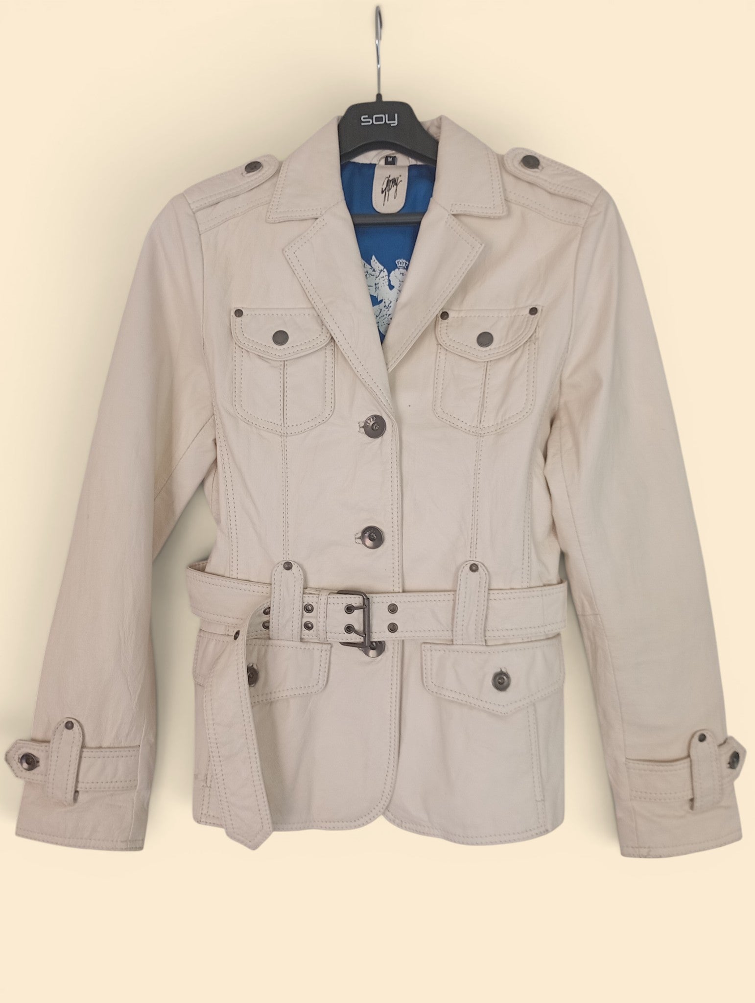 Veste Saharienne en Cuir Véritable Gipsy Mauritius – Coupe Cintrée Écru – Taille M