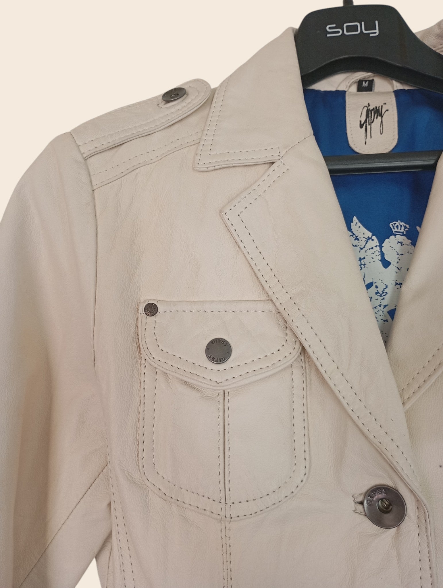 Veste Saharienne en Cuir Véritable Gipsy Mauritius – Coupe Cintrée Écru – Taille M