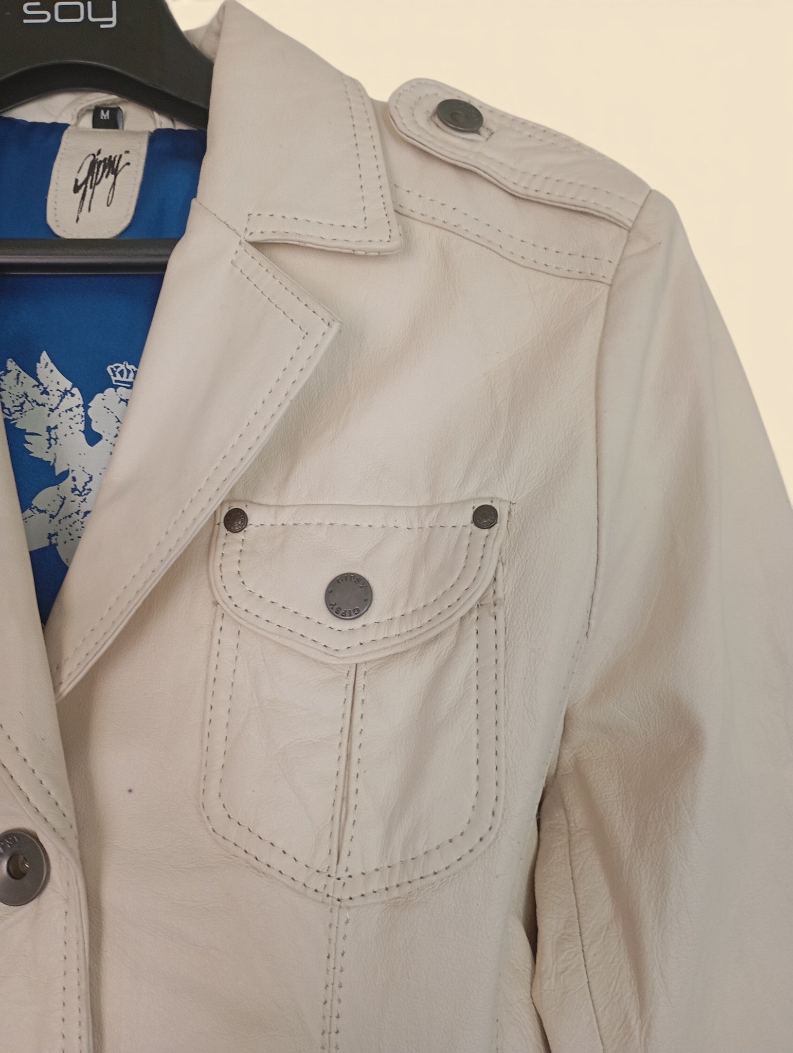 Veste Saharienne en Cuir Véritable Gipsy Mauritius – Coupe Cintrée Écru – Taille M