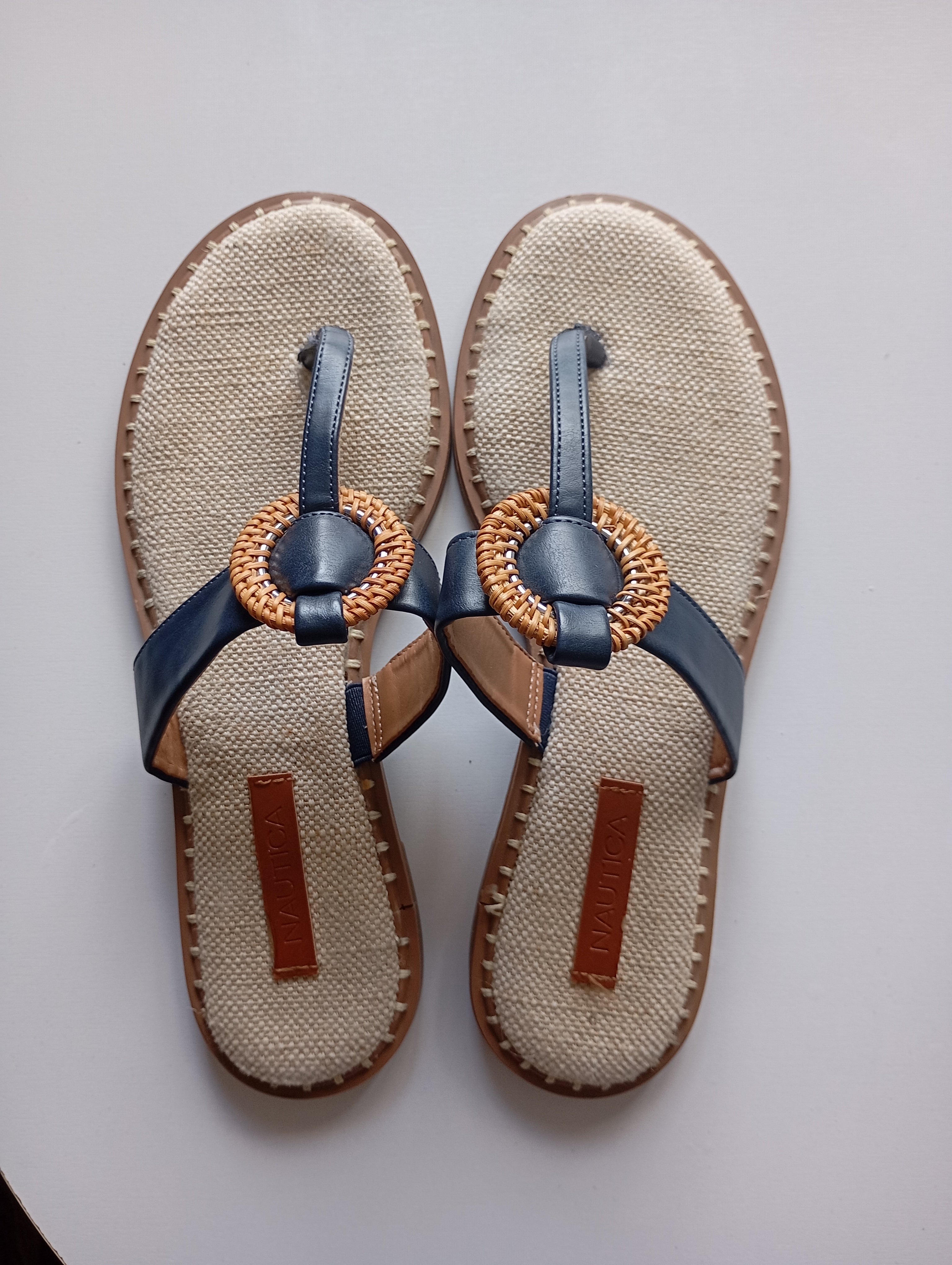 Tongs Nautica — Cuir Bleu Motif Marin — Taille 40/41