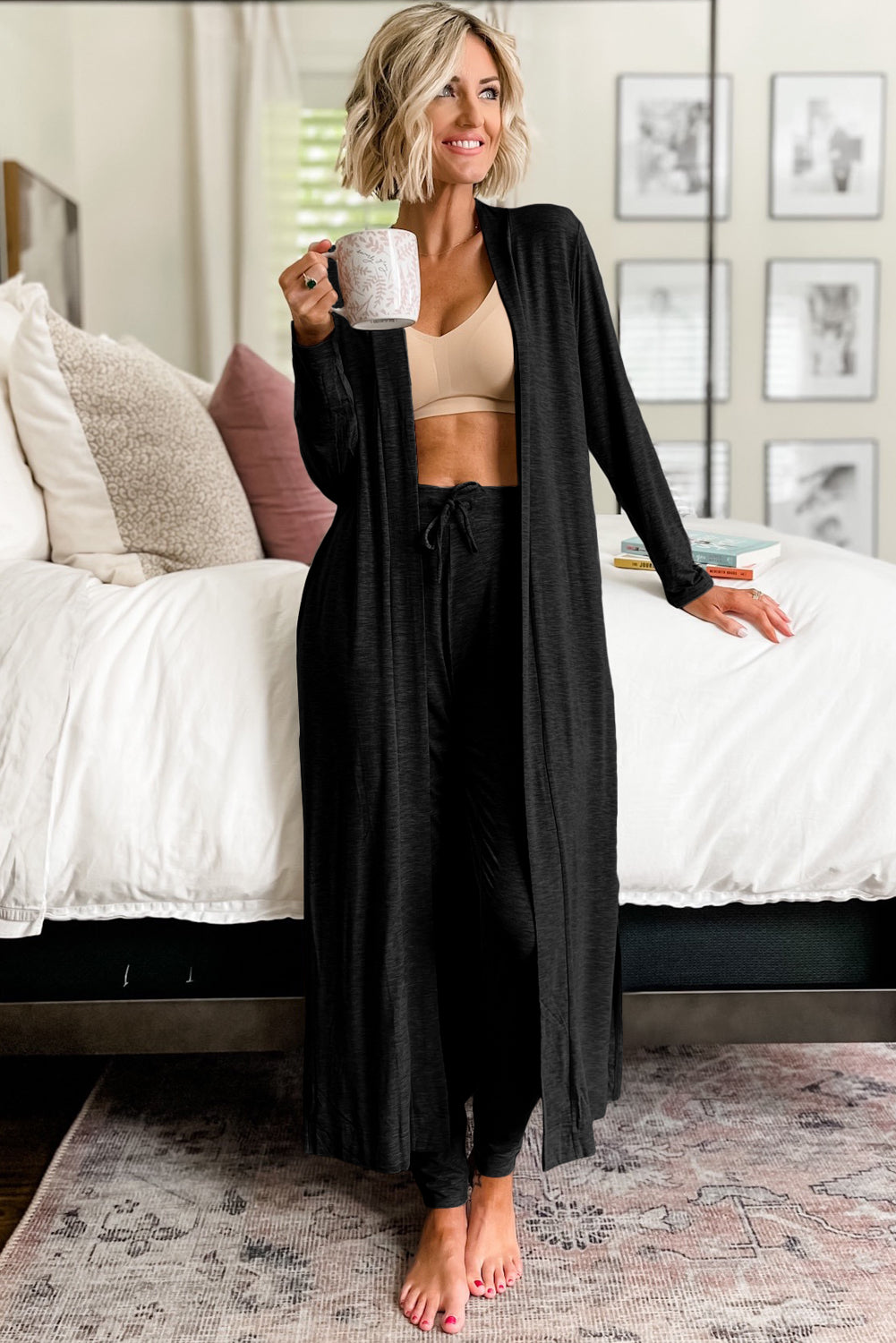 Ensemble loungewear cardigan long fendu et pantalon skinny