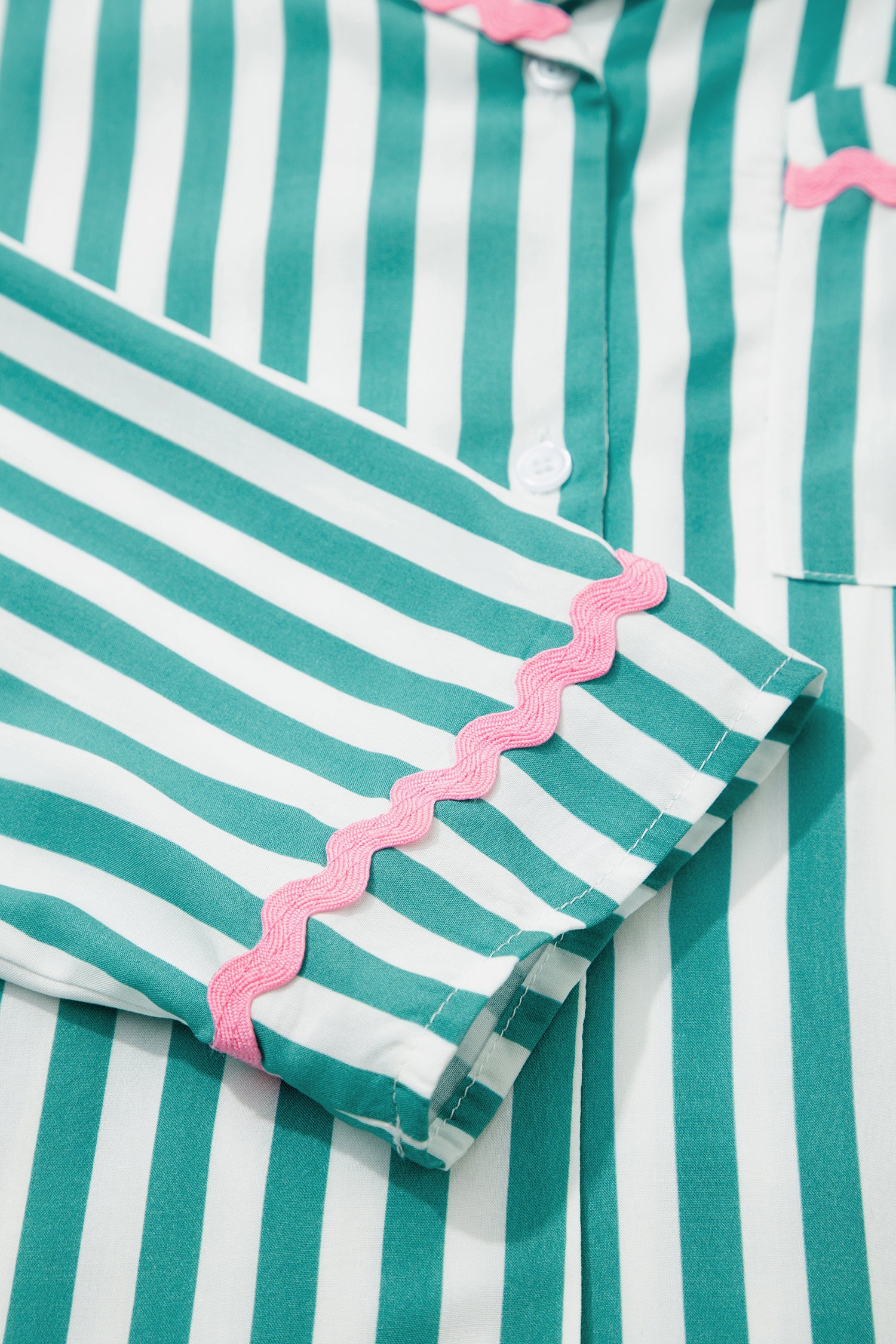 Green Stripe Contrast Ricrac Trim Long Sleeve Shirt Drawstring Ruffled Pajama Short Set