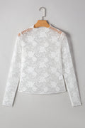 Top en Dentelle Florale Blanc — Manches Longues & Col Montant Grande Taille