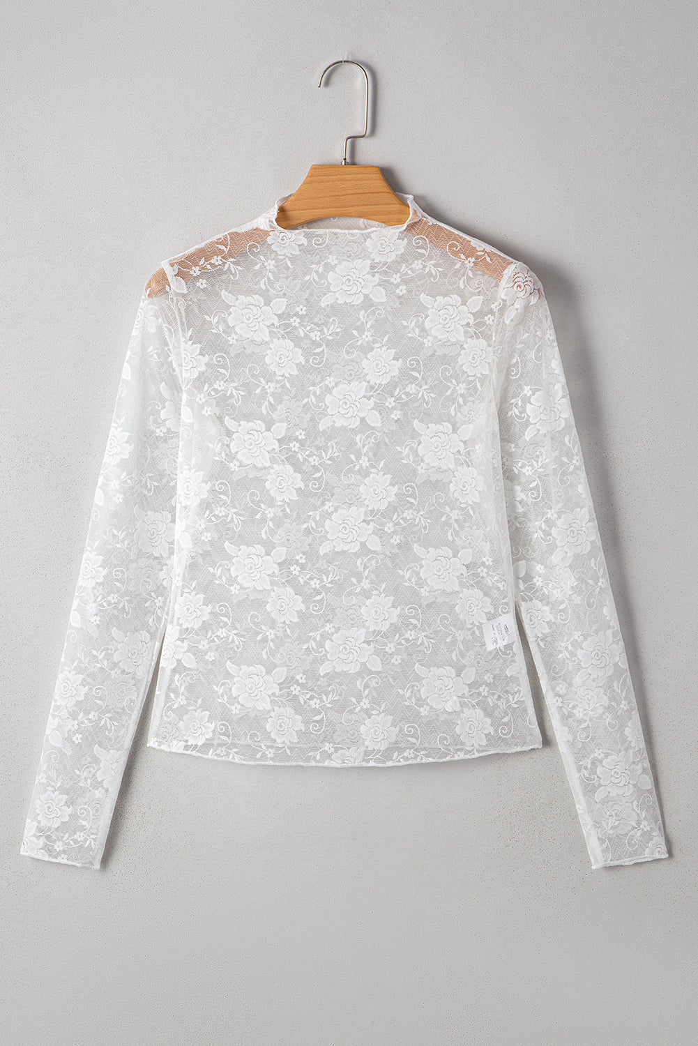 Top en Dentelle Florale Blanc — Manches Longues & Col Montant Grande Taille