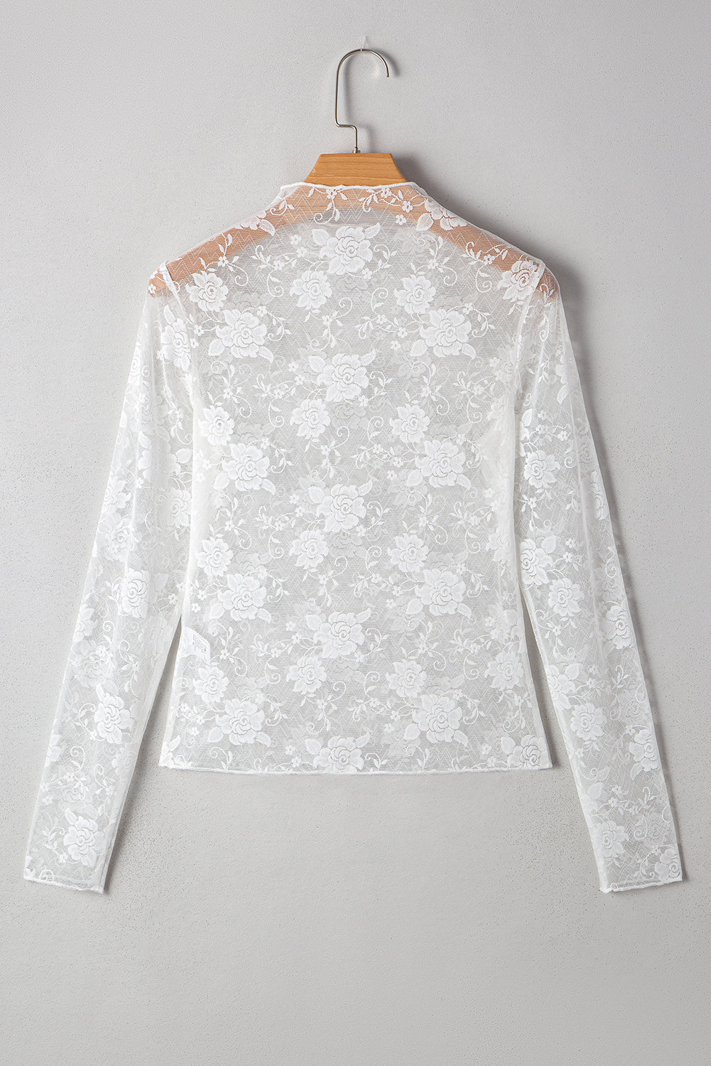 Top en Dentelle Florale Blanc — Manches Longues & Col Montant Grande Taille