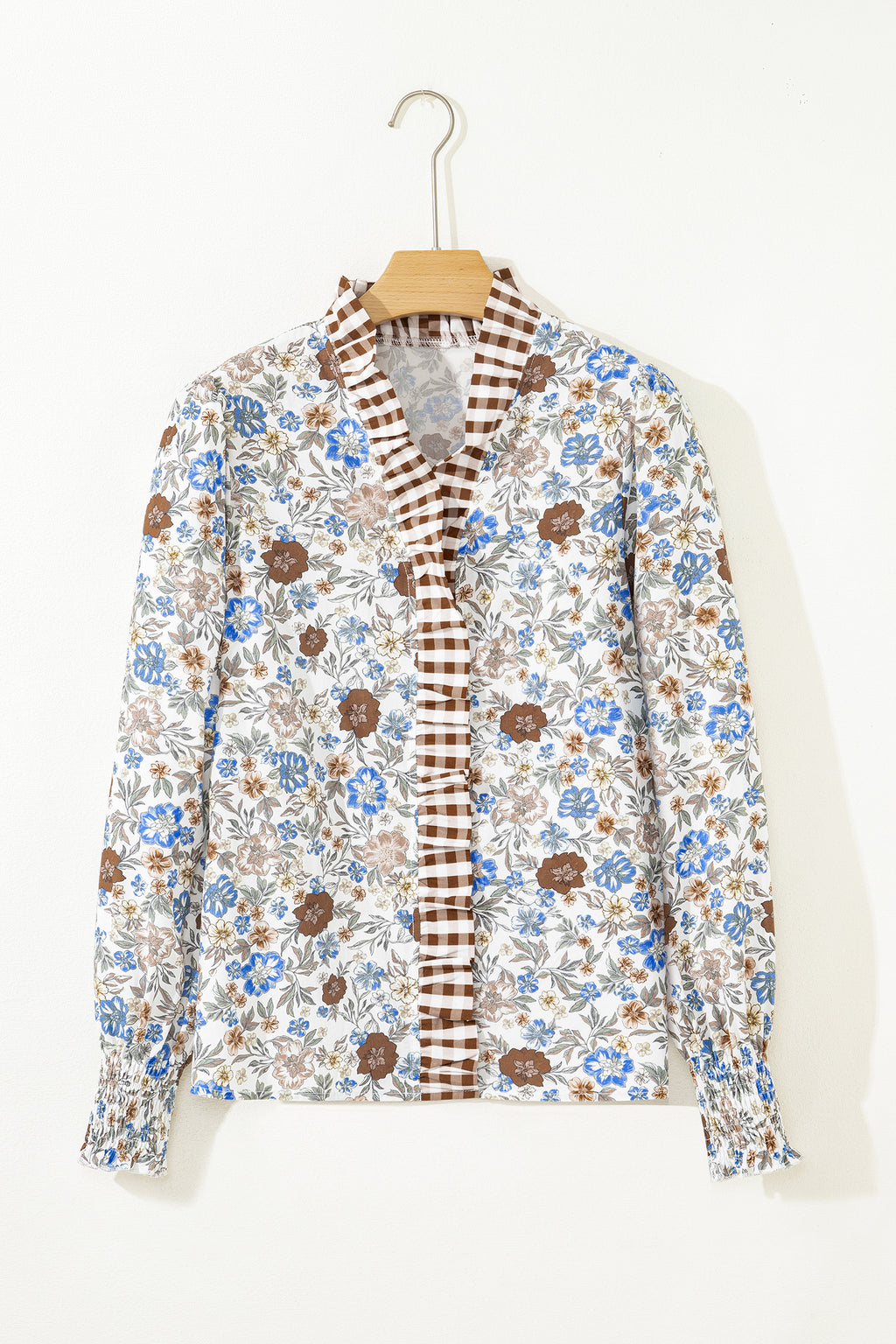 Blouse fleurie à manches longues col en V et bordure vichy — Brun