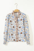 Blouse fleurie à manches longues col en V et bordure vichy — Brun