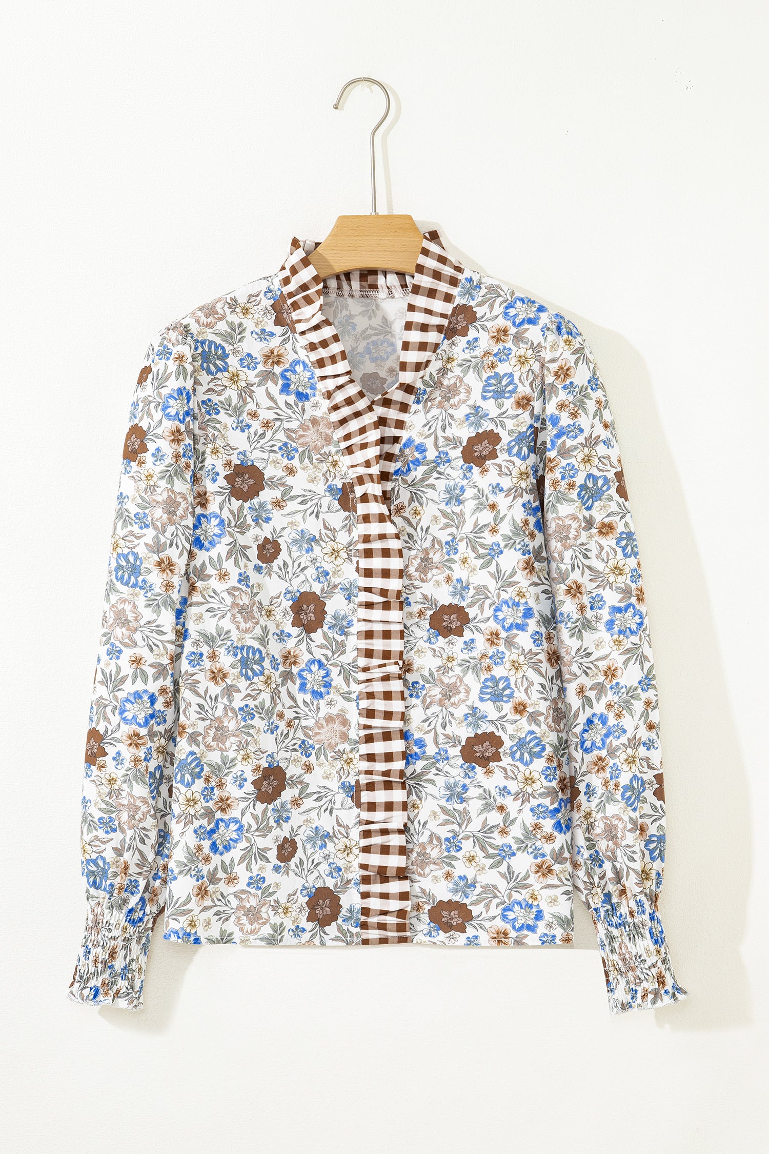 Blouse fleurie à manches longues col en V et bordure vichy — Brun