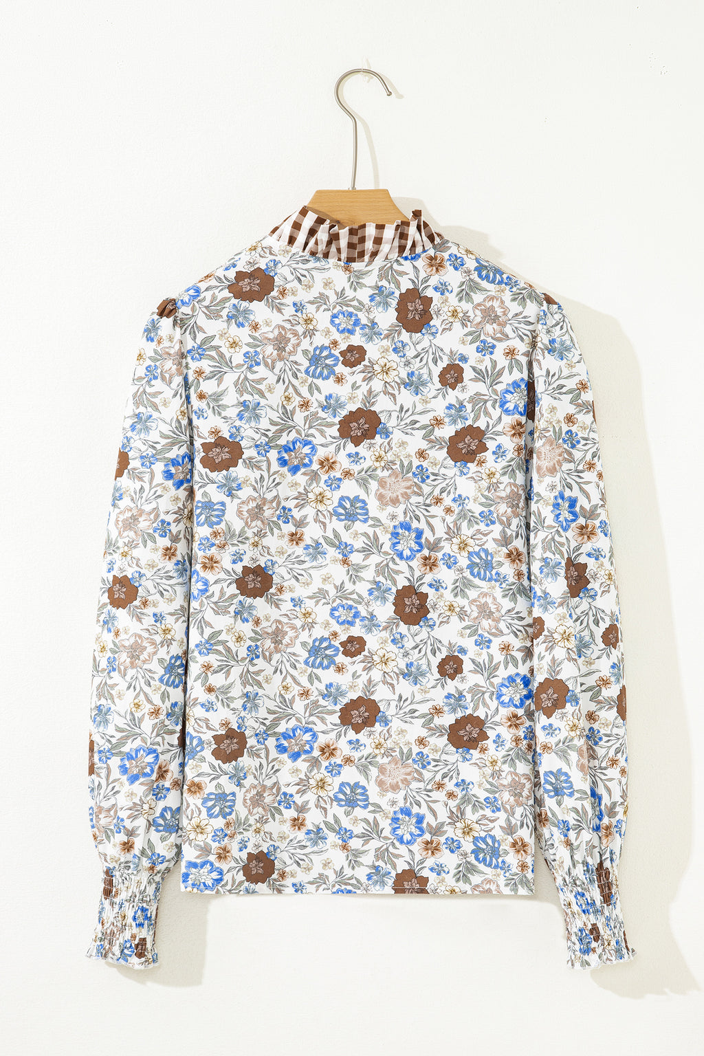 Blouse fleurie à manches longues col en V et bordure vichy — Brun