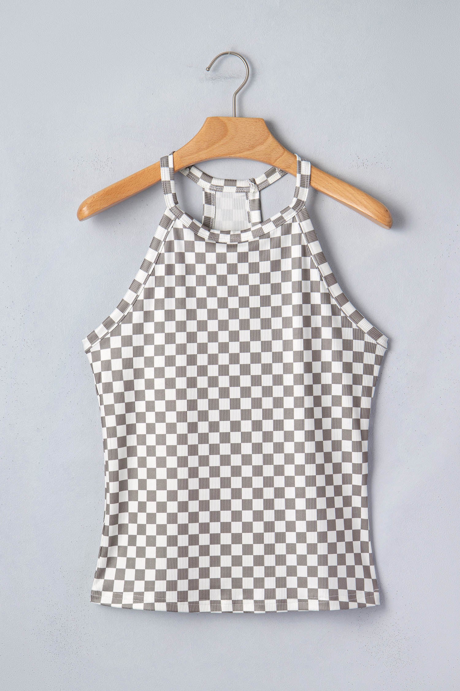 Débardeur court texturé à carreaux gris — Col licou & matière stretch