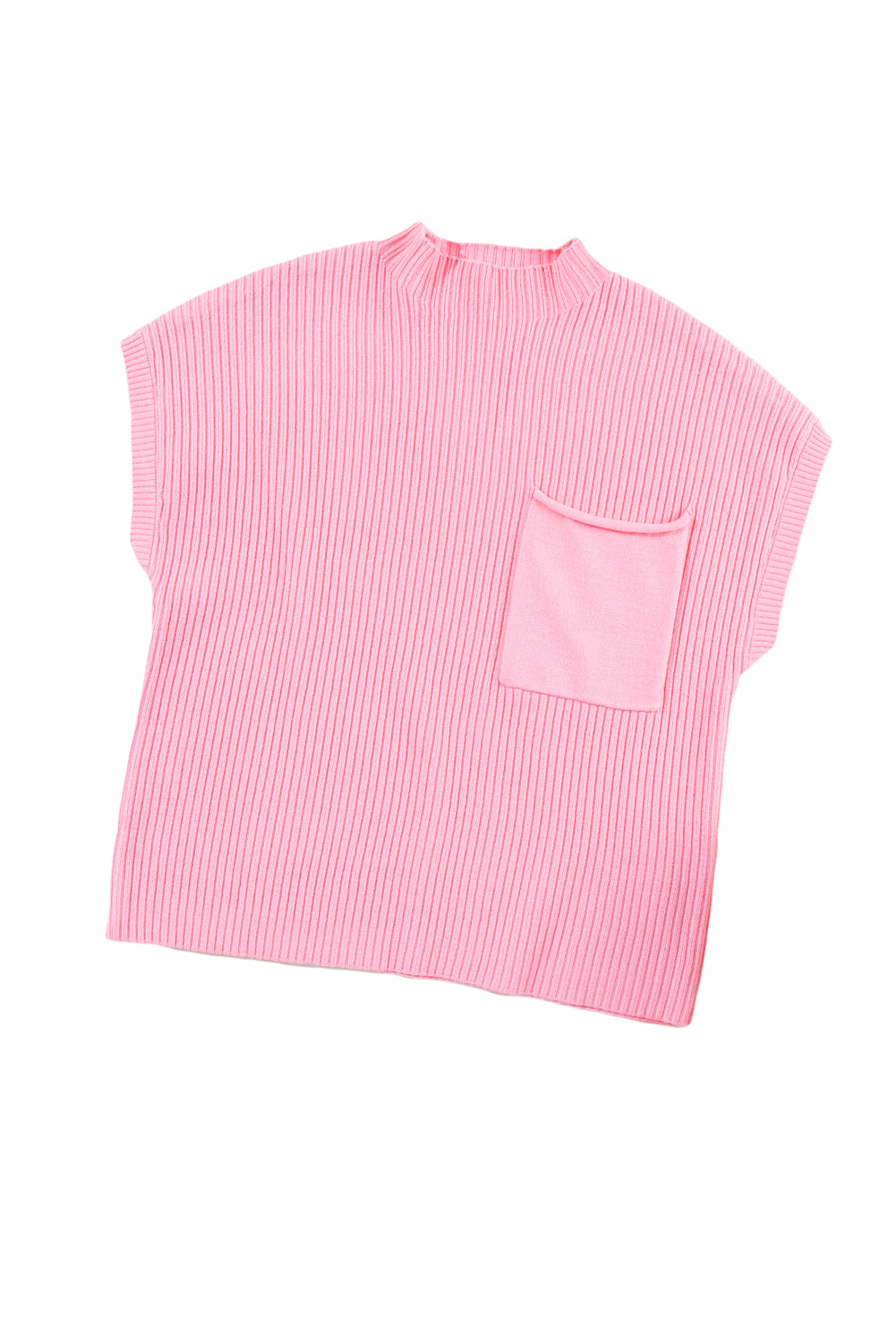 Pull Gris Maille Côtelée – Col Montant, Manches Courtes & Poche Plaquée