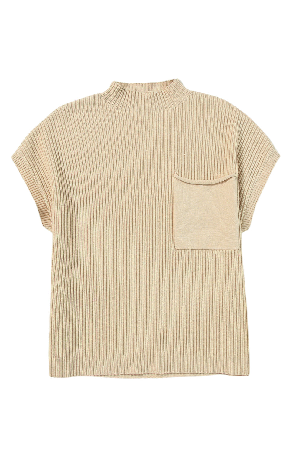 Pull Gris Maille Côtelée – Col Montant, Manches Courtes & Poche Plaquée