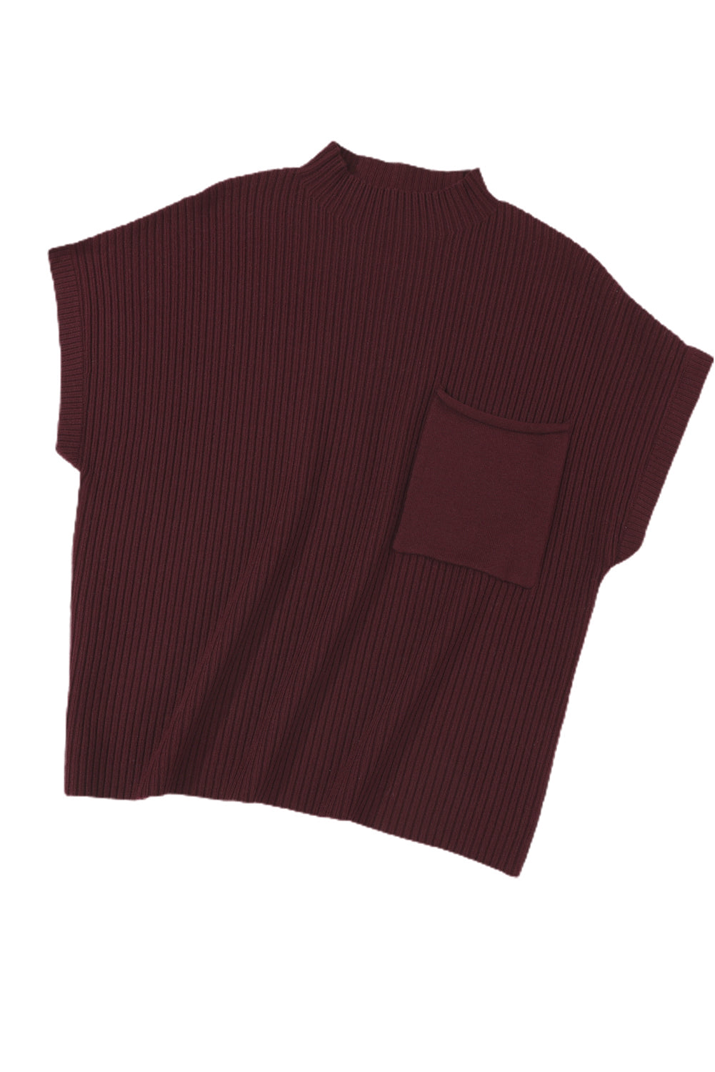 Pull Gris Maille Côtelée – Col Montant, Manches Courtes & Poche Plaquée
