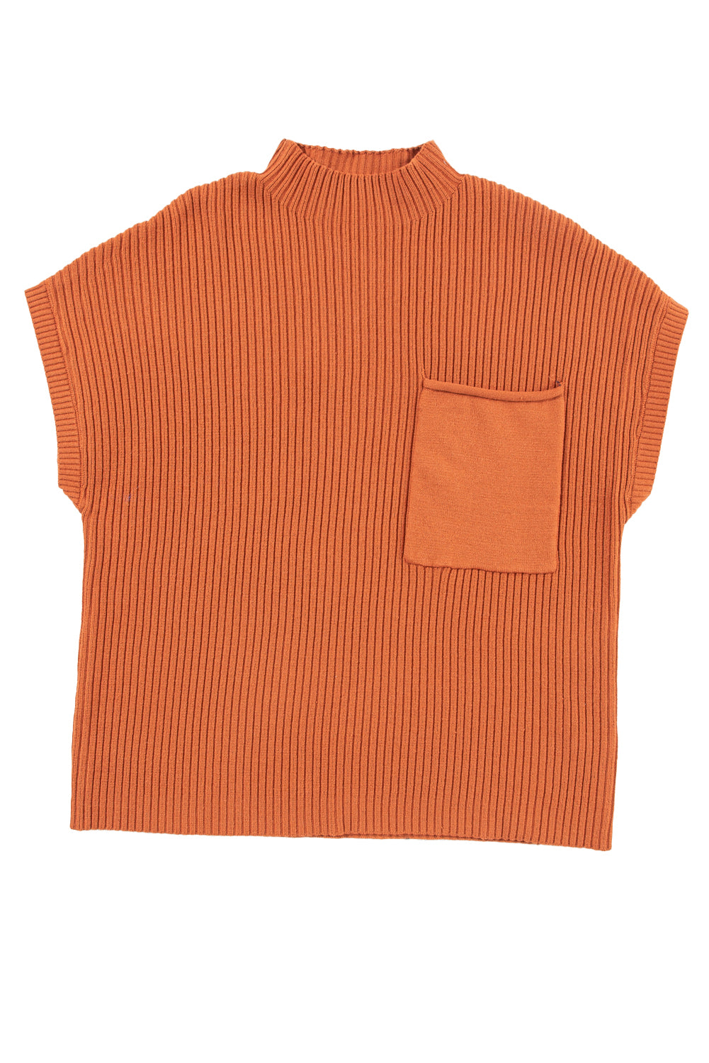 Pull Gris Maille Côtelée – Col Montant, Manches Courtes & Poche Plaquée
