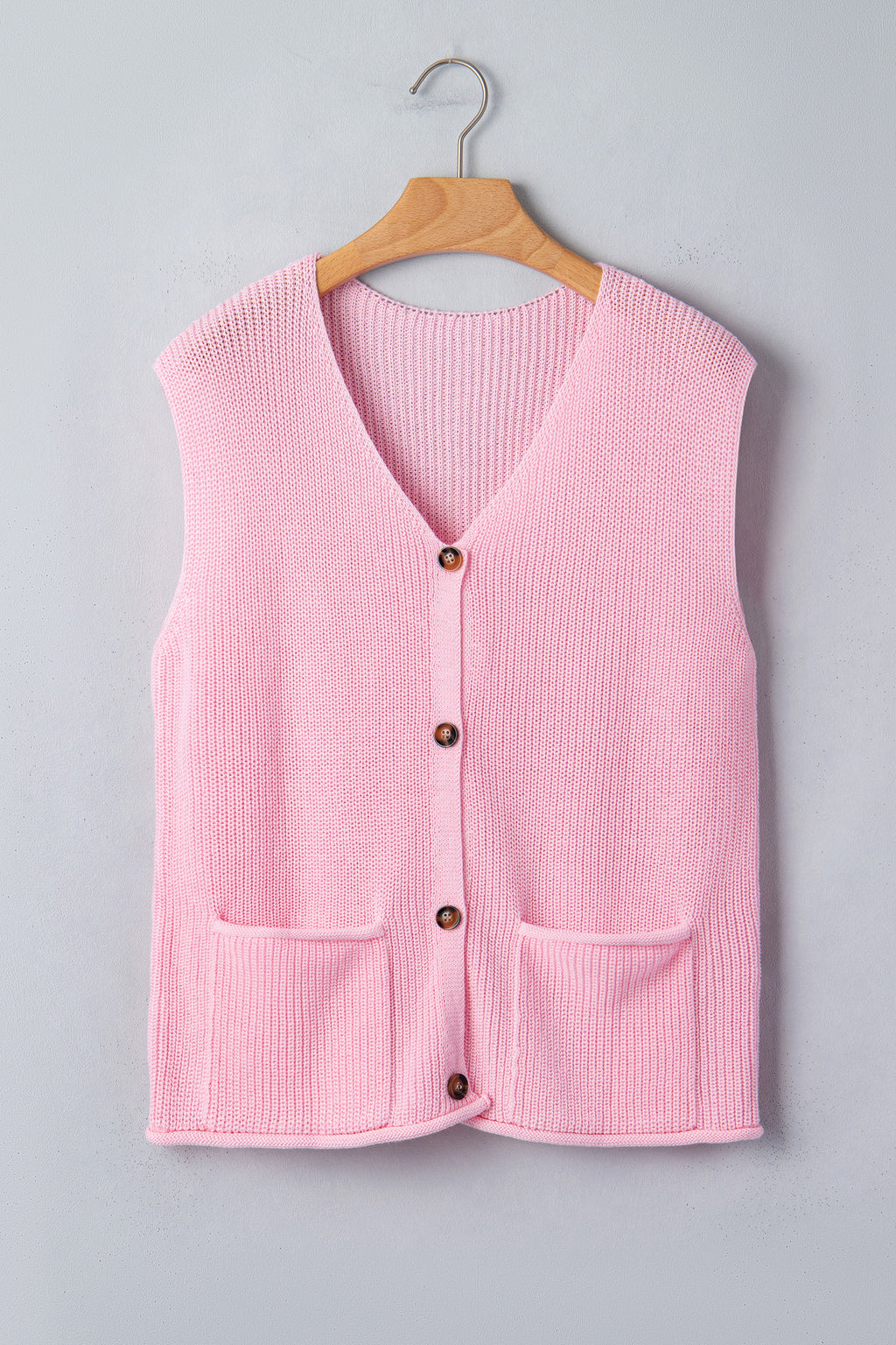 Gilet Sans Manches Rose – Col en V, Boutons & Poches