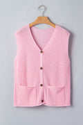 Gilet Sans Manches Rose – Col en V, Boutons & Poches