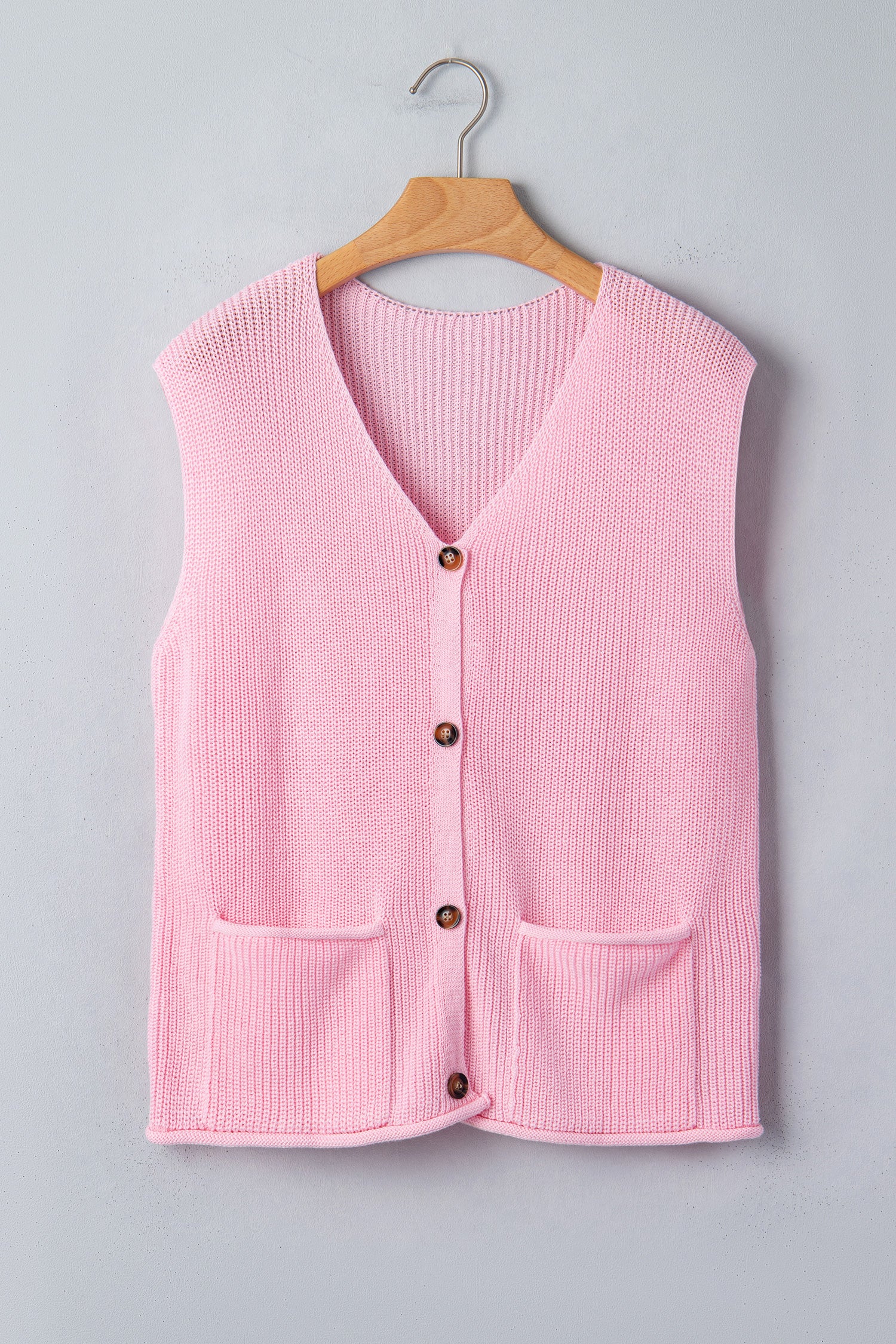 Gilet Sans Manches Rose – Col en V, Boutons & Poches