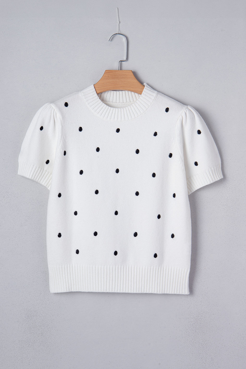 Pull Jaune Crème à Pois – Manches Courtes Bouffantes, Col Rond, Maille Légère