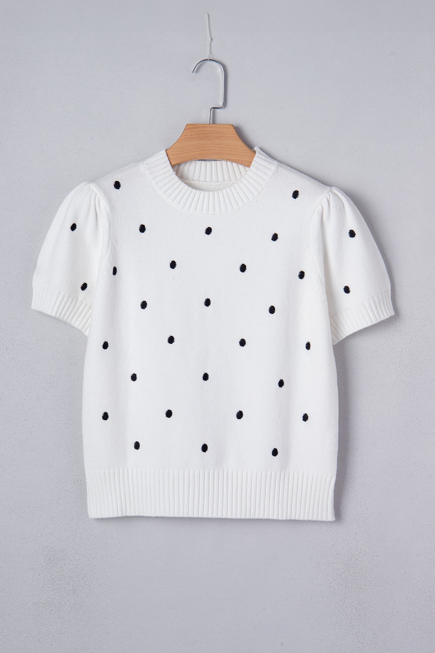 Pull Jaune Crème à Pois – Manches Courtes Bouffantes, Col Rond, Maille Légère