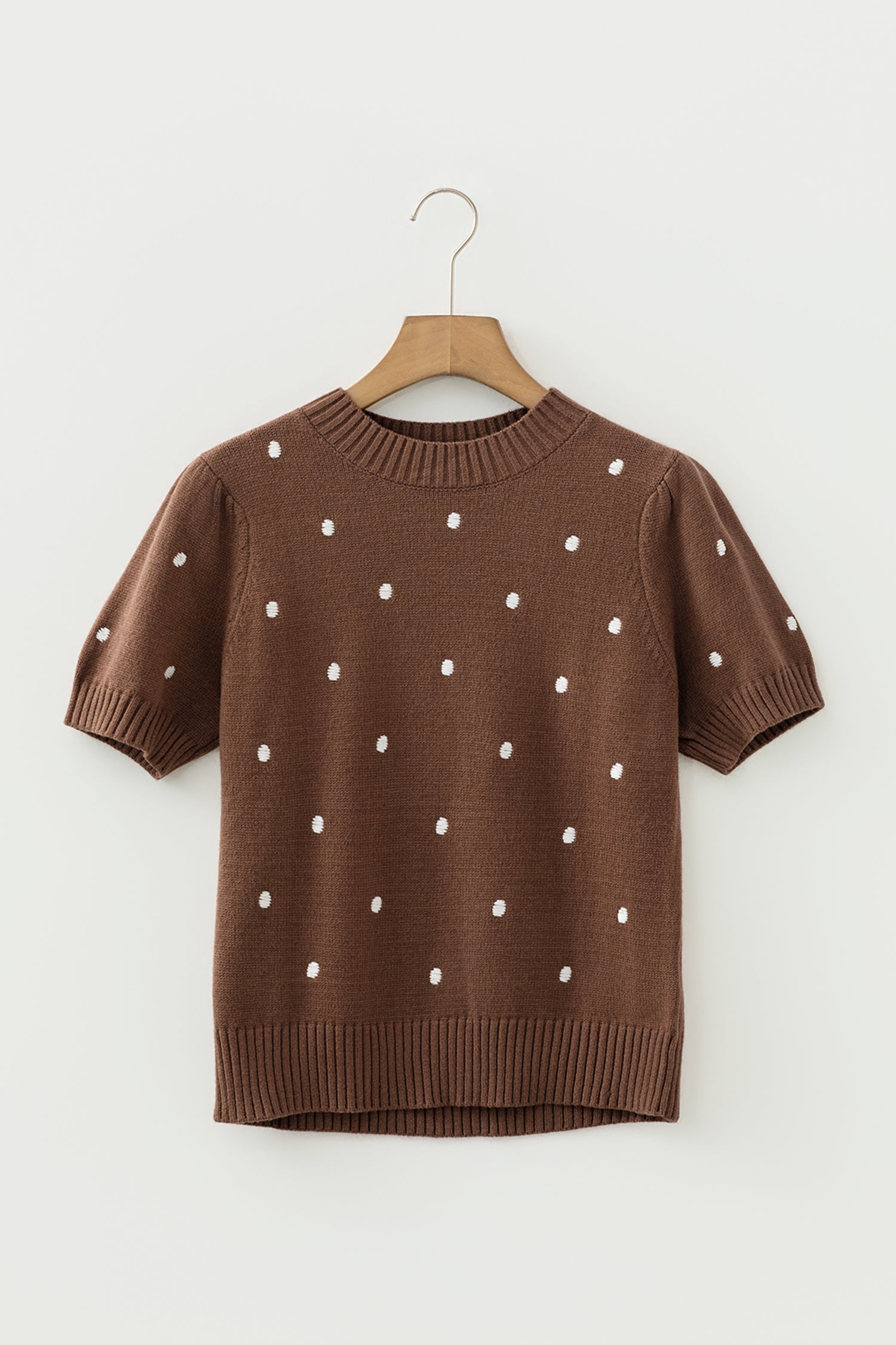 Pull Jaune Crème à Pois – Manches Courtes Bouffantes, Col Rond, Maille Légère