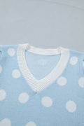 Pull Bleu Ciel à Pois Blancs – Col en V, Manches Courtes Bouffantes