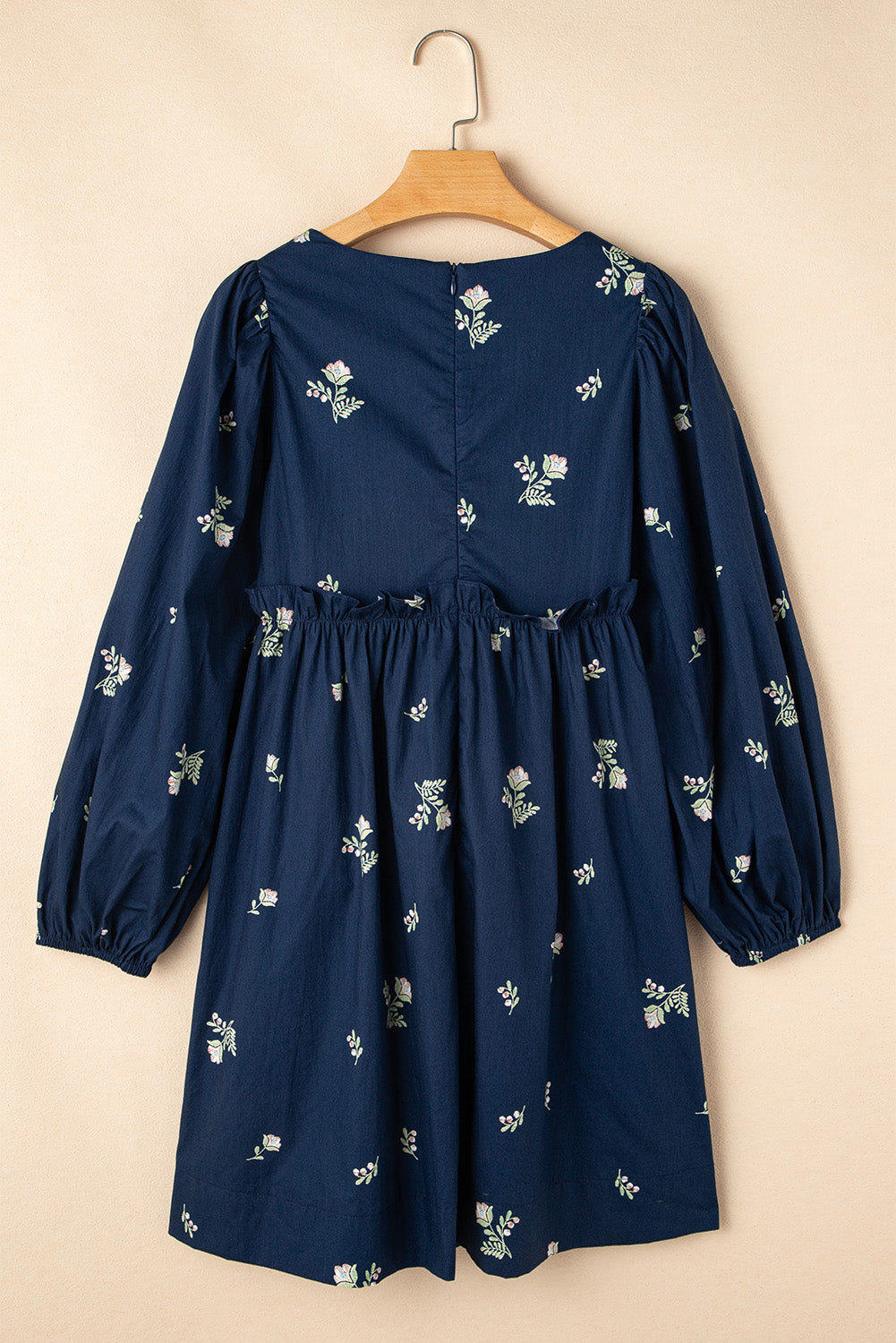 Robe Babydoll Bleue – Imprimé Floral & Manches Longues Bouffantes