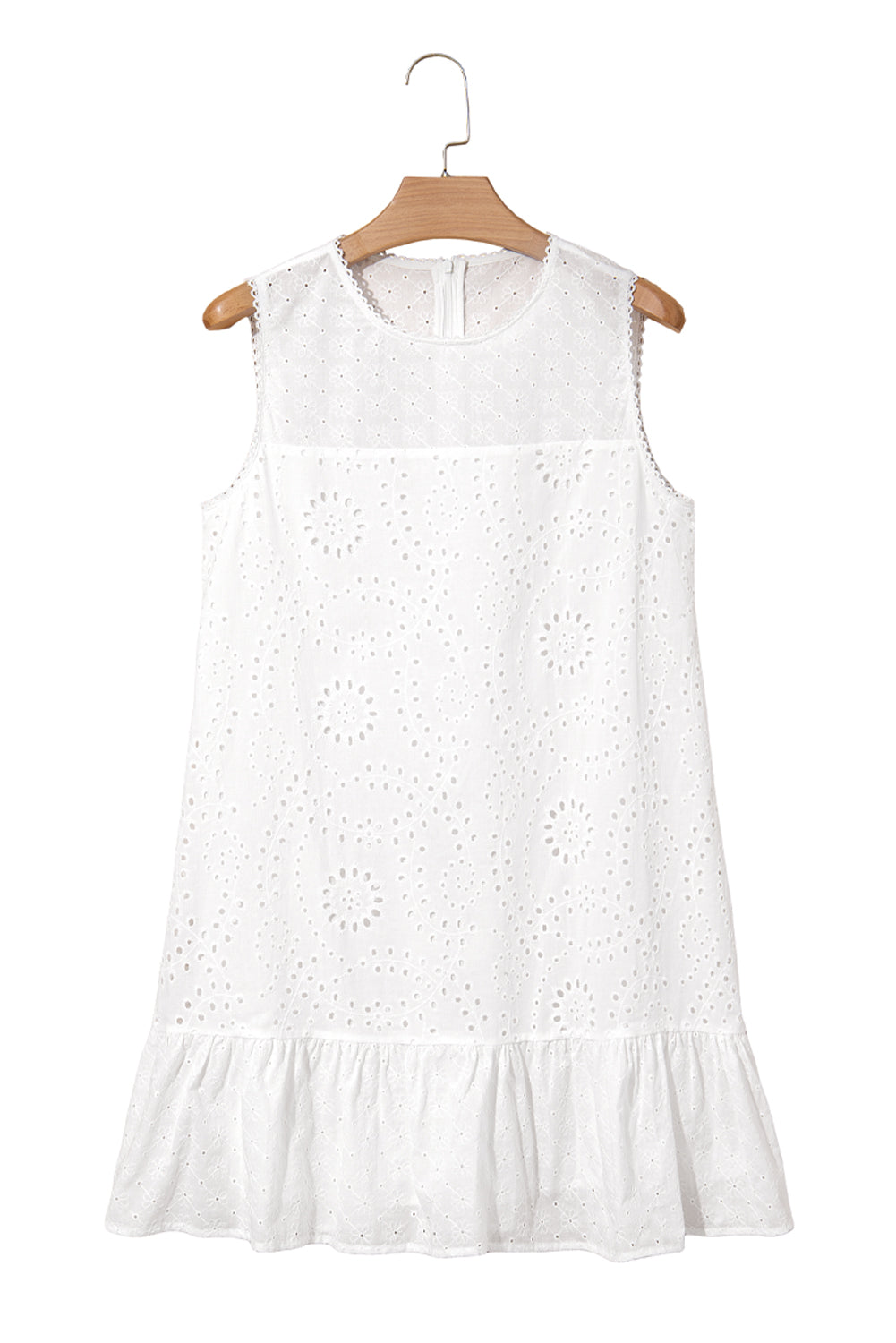 Robe Droite Blanche à Broderie Anglaise Ajourée Sans Manches