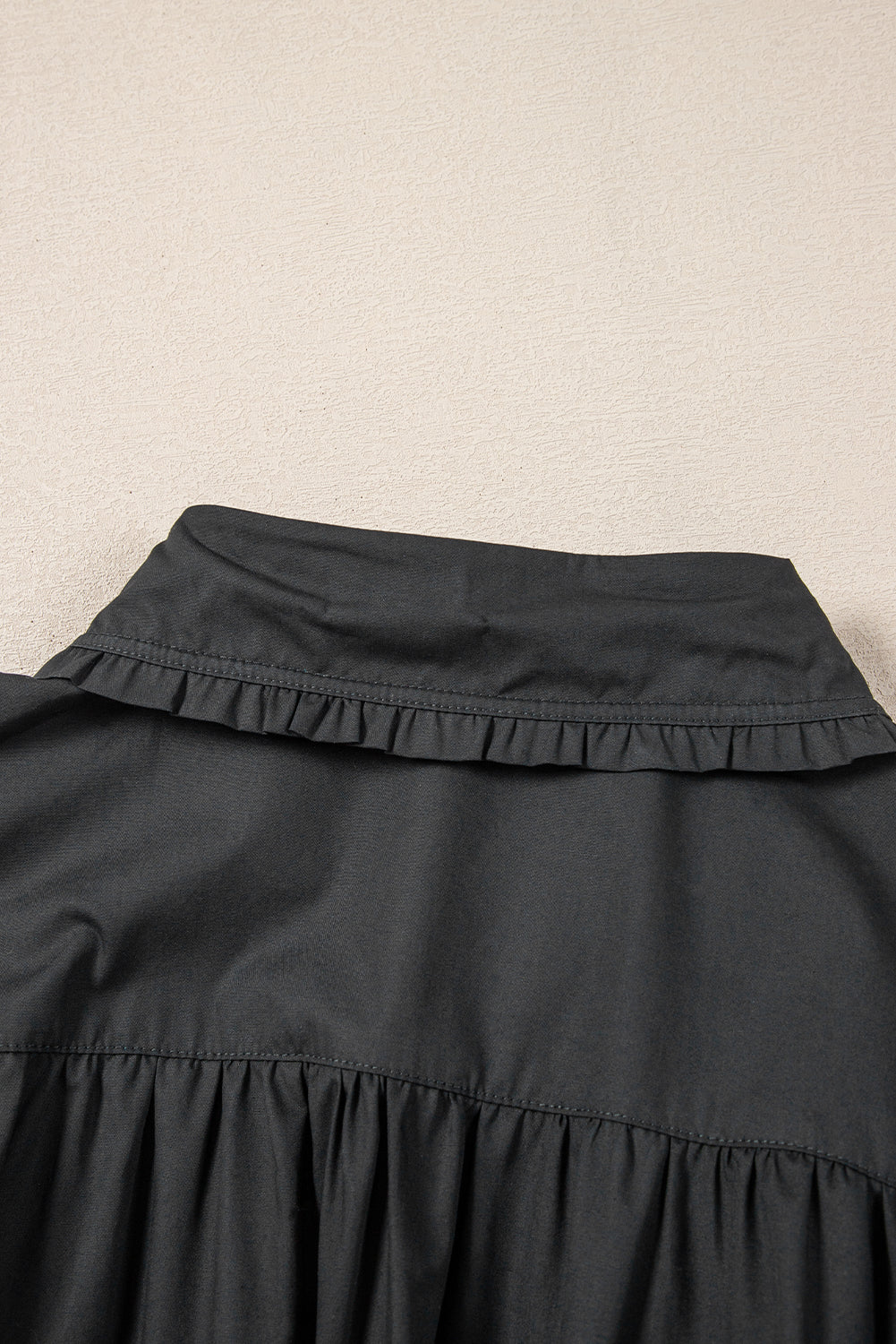 Black Button Down Puff Sleeve Ruched Ruffle Hem Dress