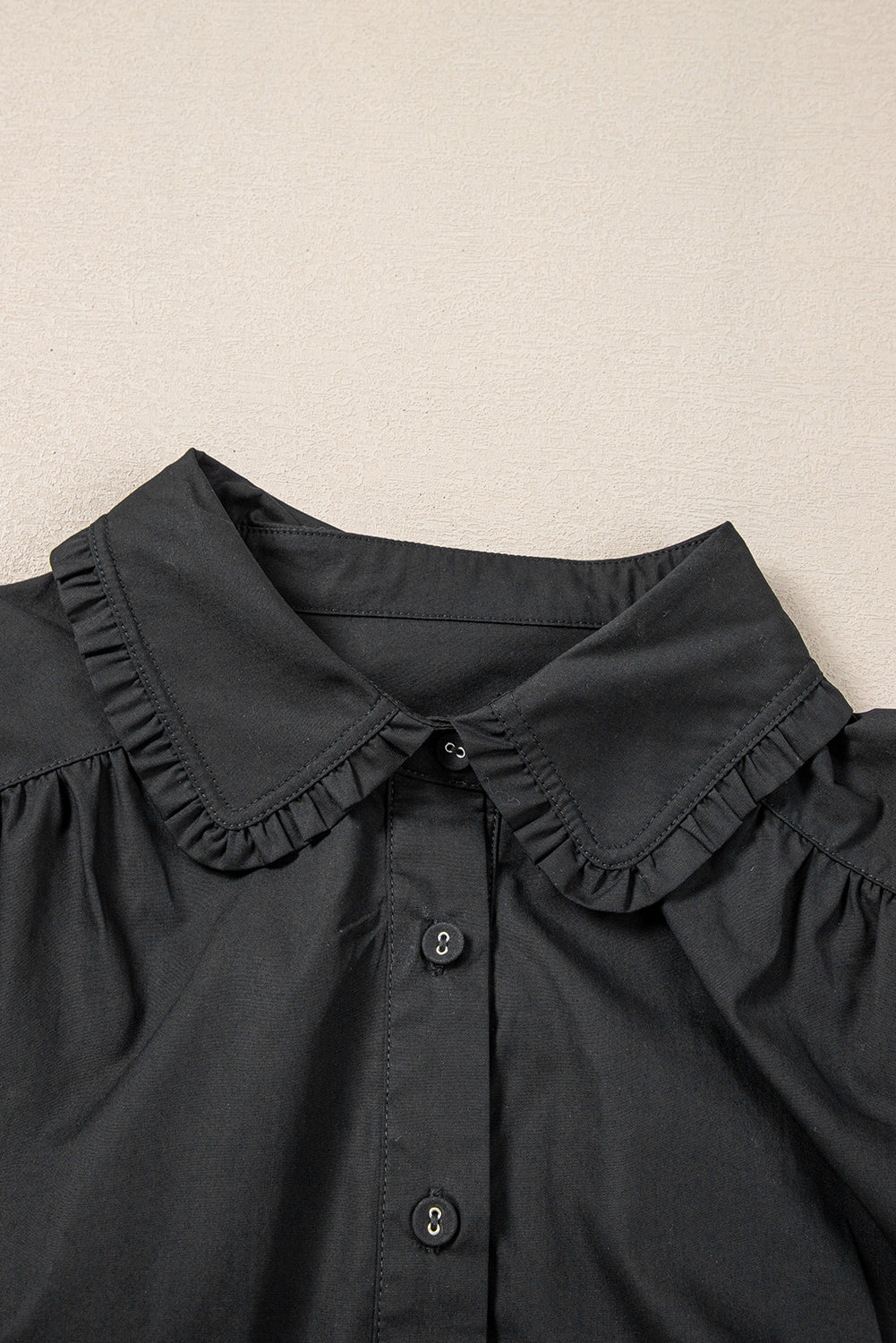Black Button Down Puff Sleeve Ruched Ruffle Hem Dress