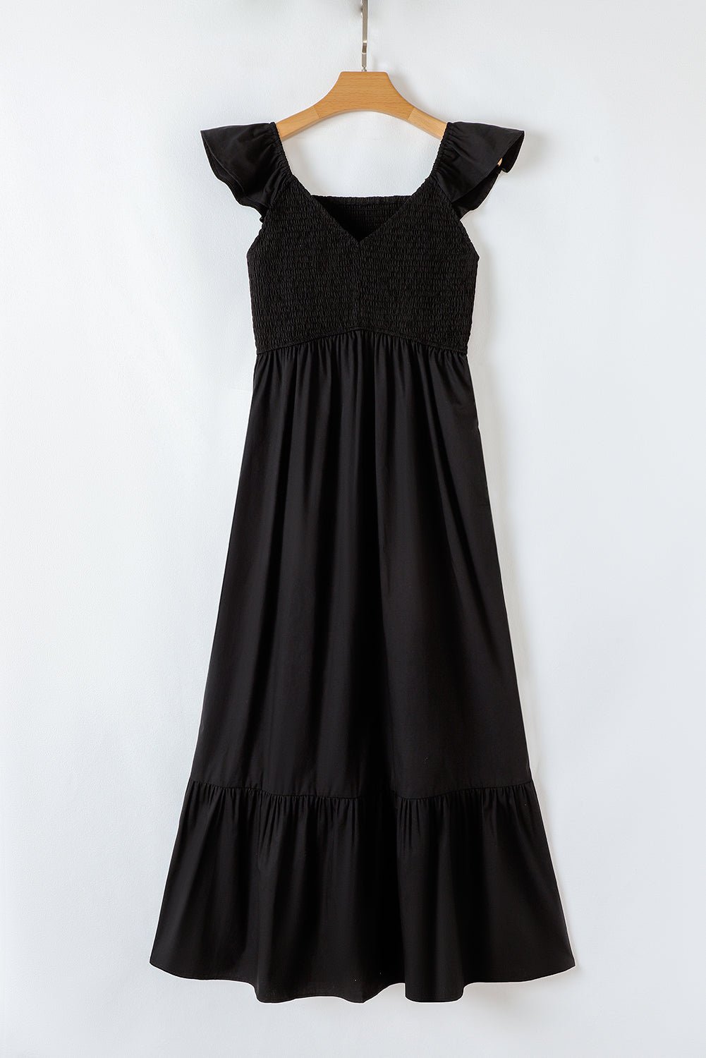 Robe longue à col V, corsage smocké et manches papillon