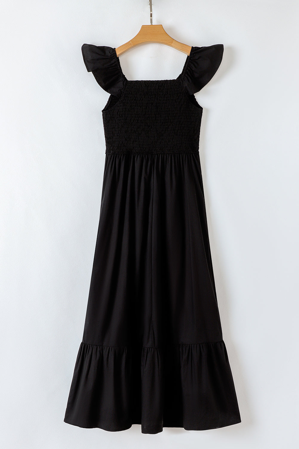 Robe longue à col V, corsage smocké et manches papillon