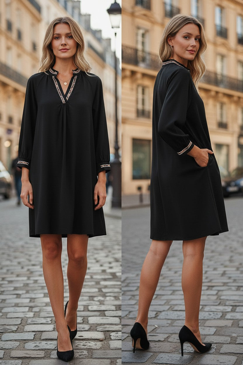 Robe courte noire à col V brodé et manches 3/4 bouffantes