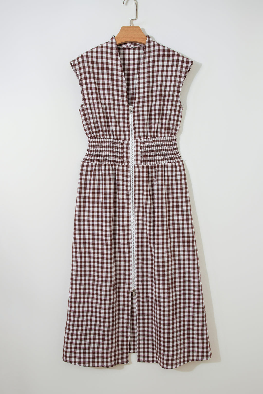 Robe maxi sans manches à imprimé vichy café — Fermeture éclair & taille cinée