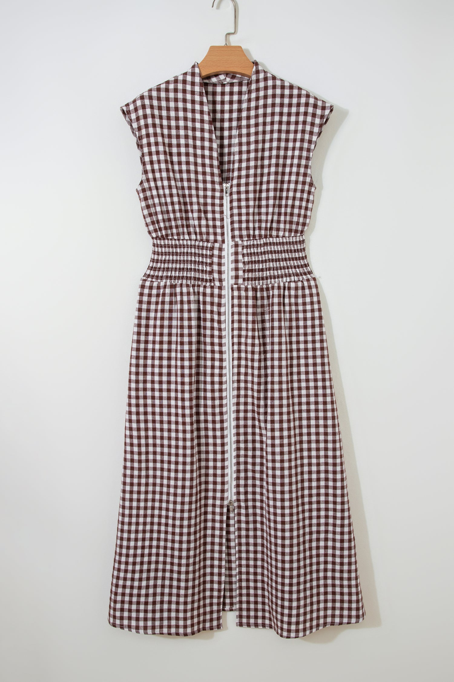Robe maxi sans manches à imprimé vichy café — Fermeture éclair & taille cinée