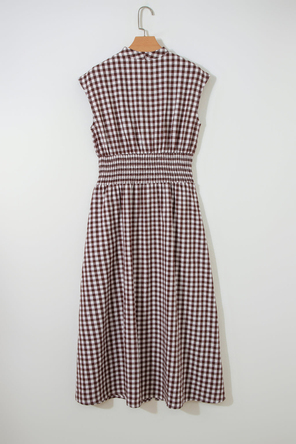 Robe maxi sans manches à imprimé vichy café — Fermeture éclair & taille cinée