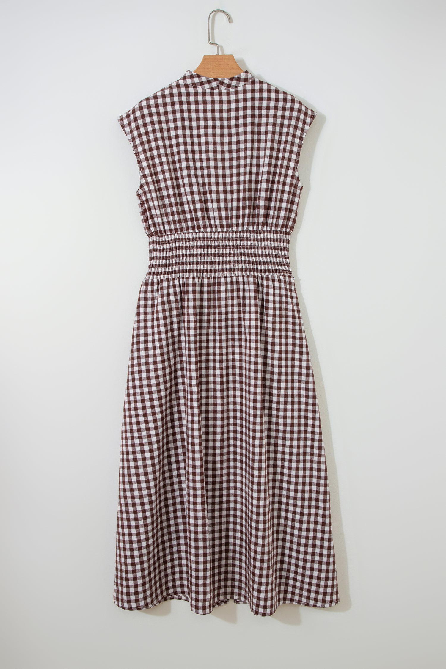 Robe maxi sans manches à imprimé vichy café — Fermeture éclair & taille cinée
