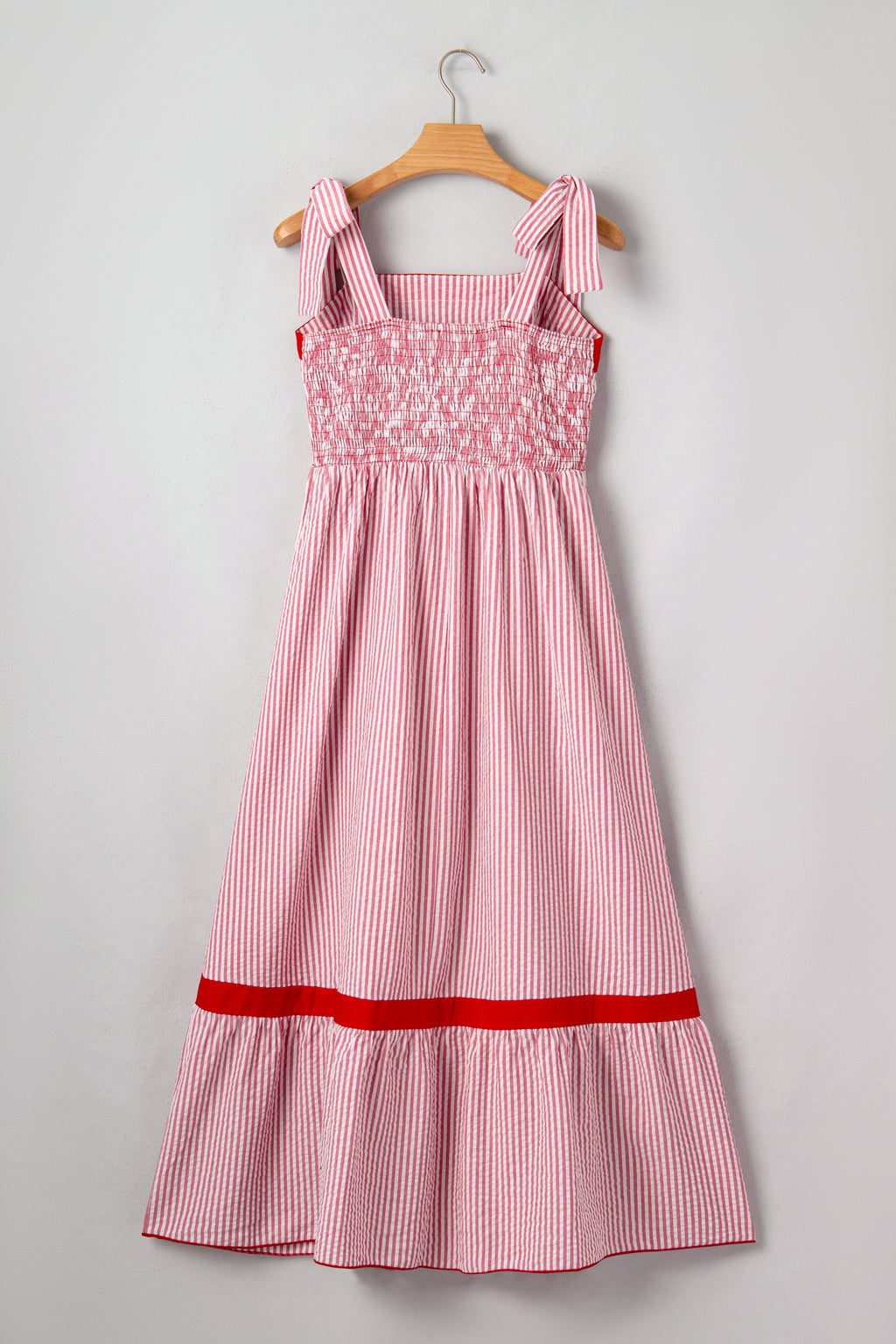 Red Stripe Bow Knot Straps Contrast Trim High Waist Ruffle Hem Maxi Dress