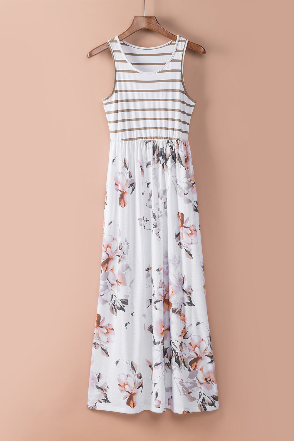 Robe Longue Bohème Blanche – Imprimé Floral & Rayures, Poches, Sans Manches