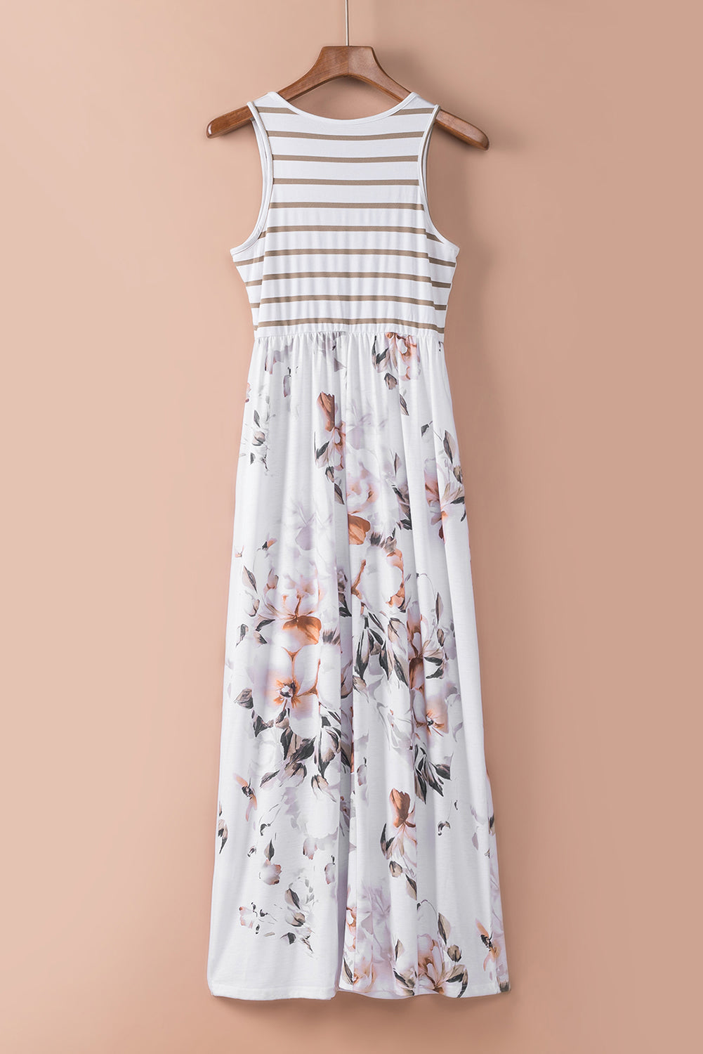 Robe Longue Bohème Blanche – Imprimé Floral & Rayures, Poches, Sans Manches
