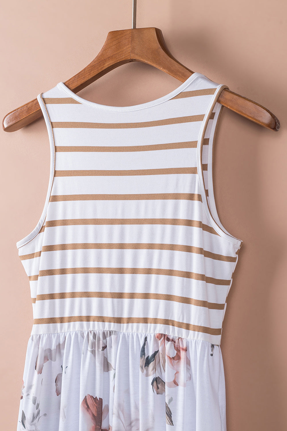 Robe Longue Bohème Blanche – Imprimé Floral & Rayures, Poches, Sans Manches