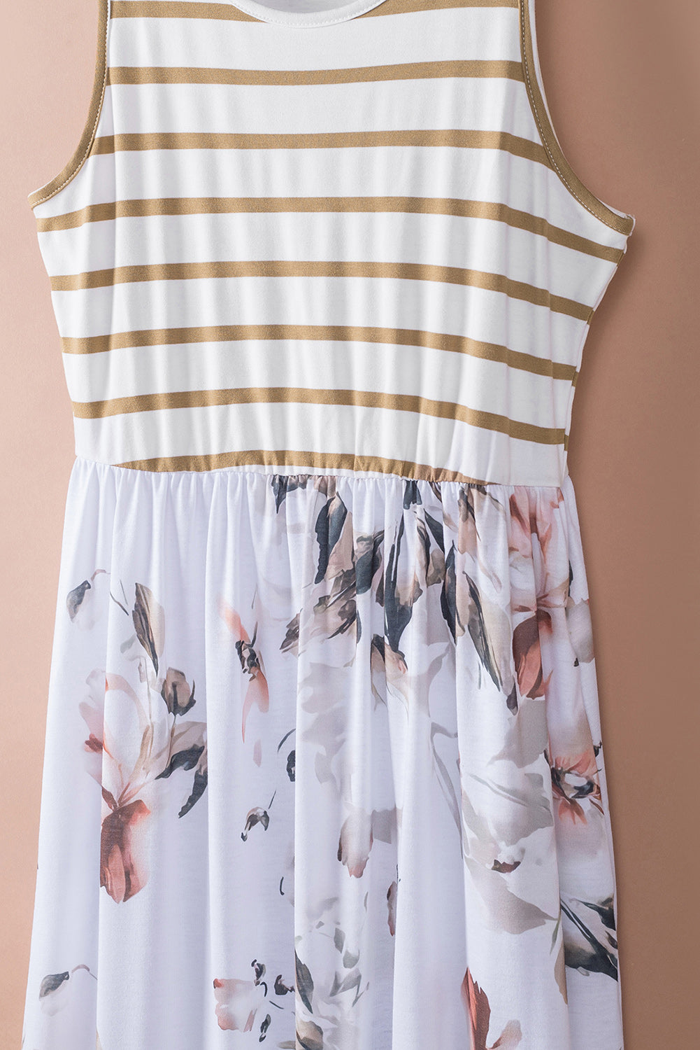 Robe Longue Bohème Blanche – Imprimé Floral & Rayures, Poches, Sans Manches