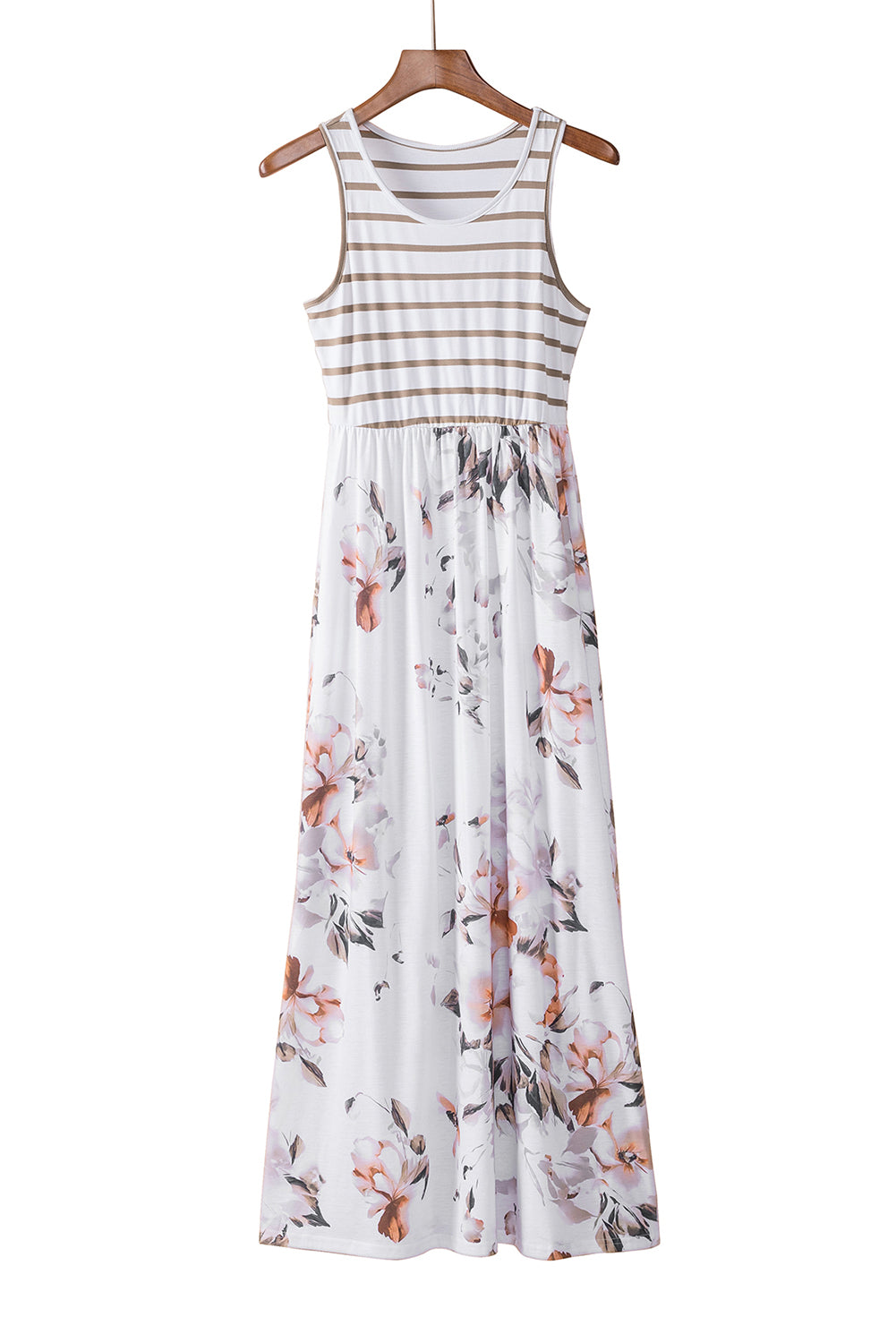 Robe Longue Bohème Blanche – Imprimé Floral & Rayures, Poches, Sans Manches
