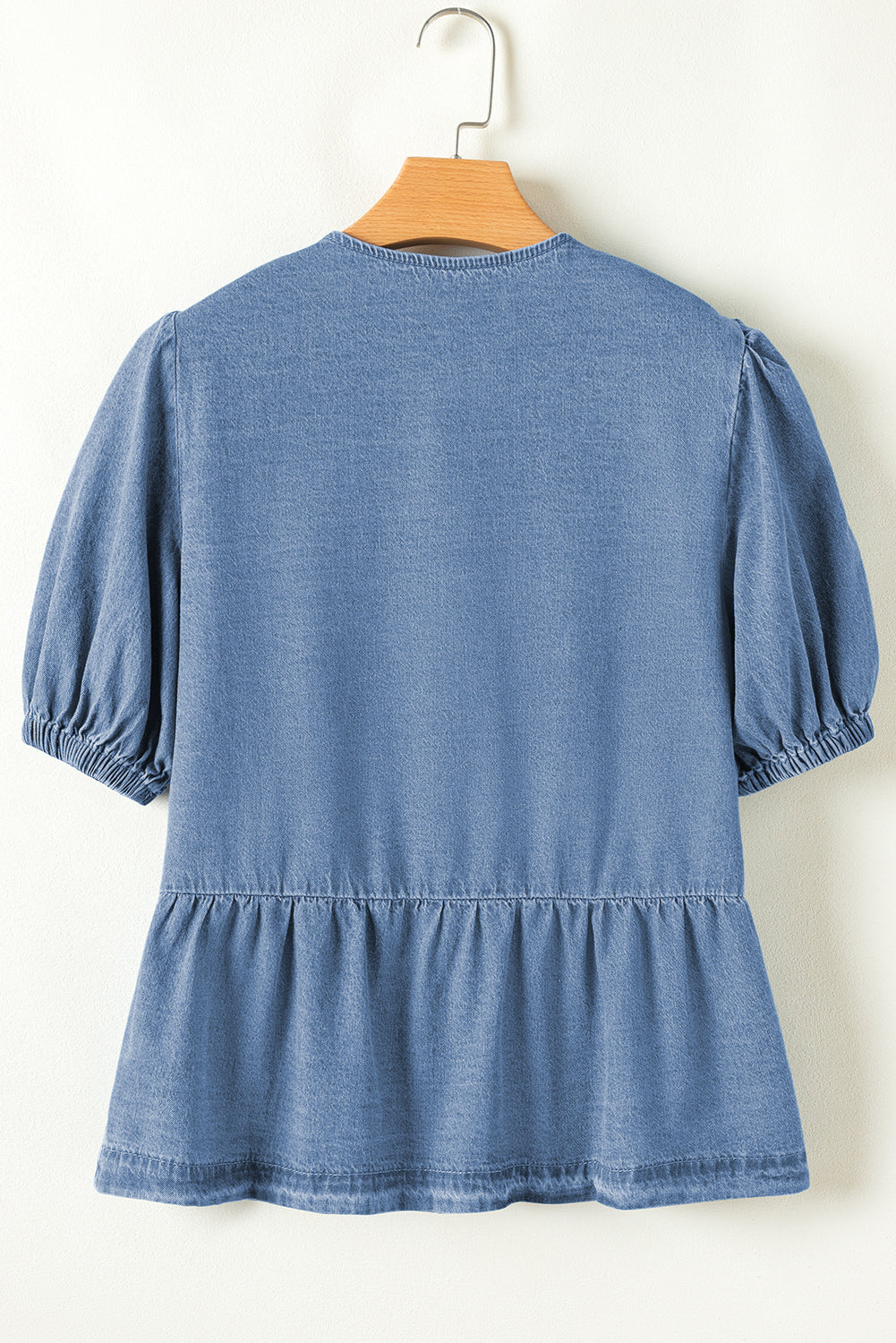 Chemise en Jean Péplum — Manches Bouffantes et Nœuds Papillon, Bleu Crépuscule