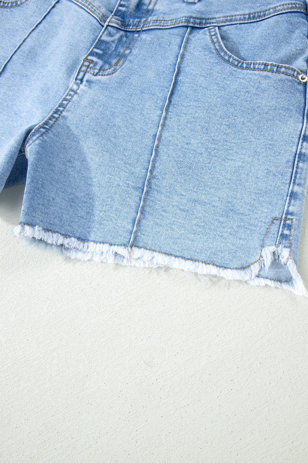Short en jean taille haute effiloché — Bleu myosotis délavé