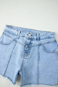 Short en jean taille haute effiloché — Bleu myosotis délavé